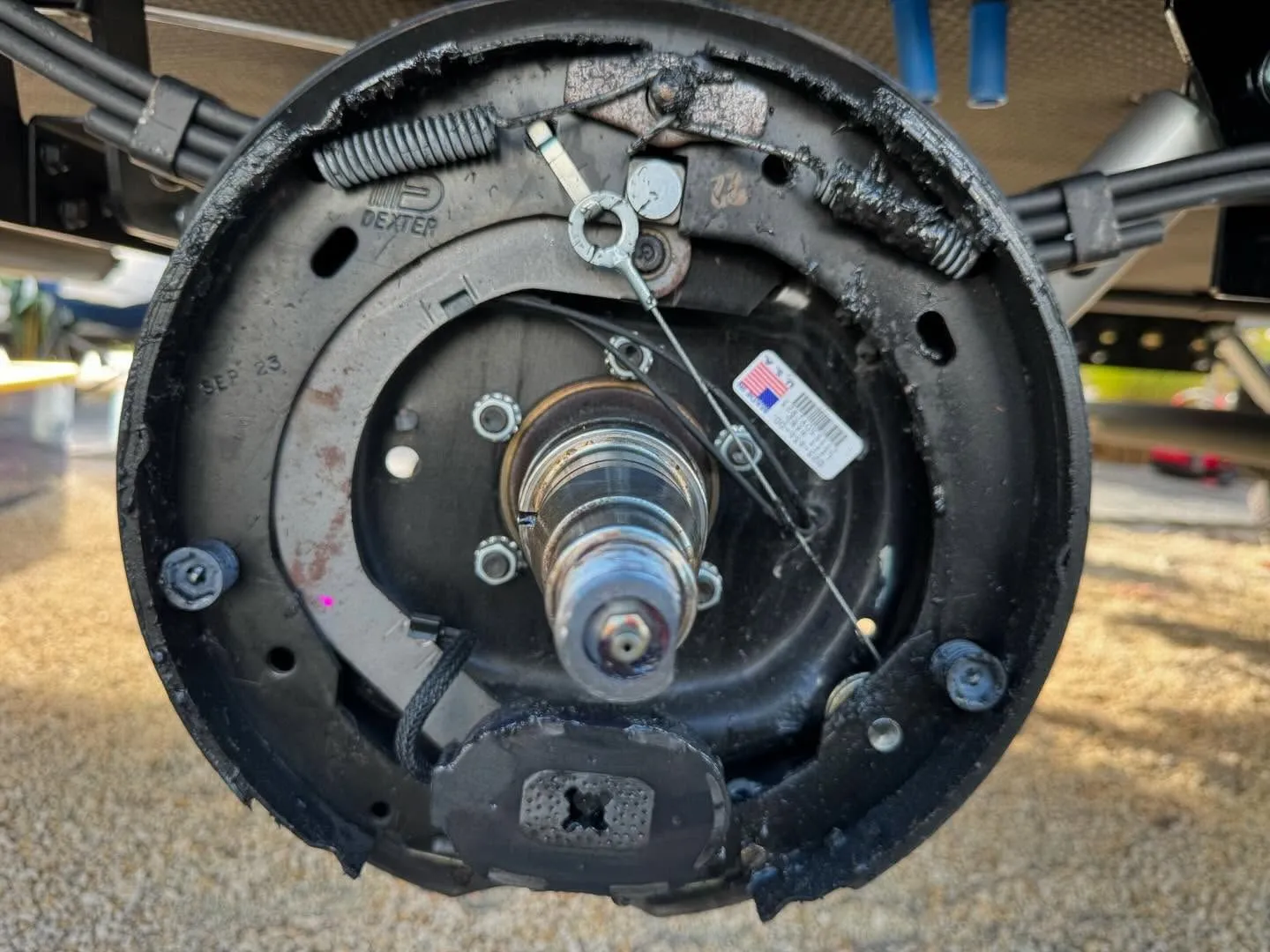 Inside view of Dexter electric drum brake assembly on RV axle.