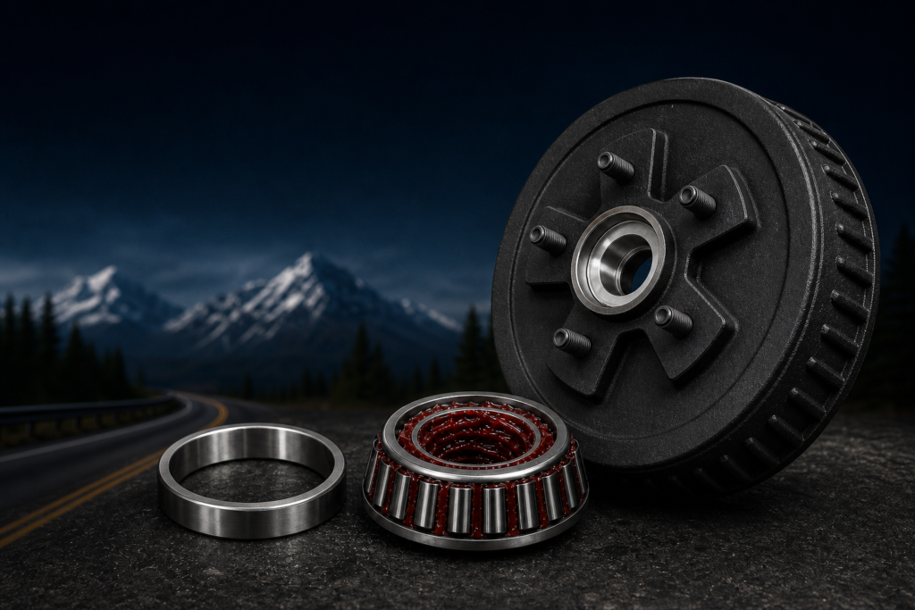 Black trailer brake drum with a greased tapered wheel bearing seated in its race and a separate polished bearing race.