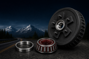 Black trailer brake drum with a greased tapered wheel bearing seated in its race and a separate polished bearing race.